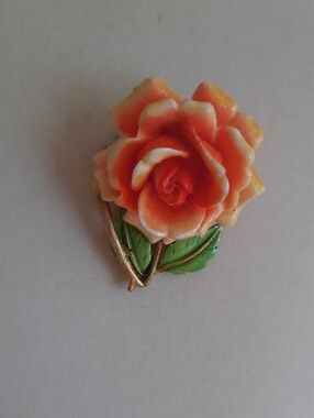 Orange Enamel Rose Brooch with Green Leaves - Women Jewelry